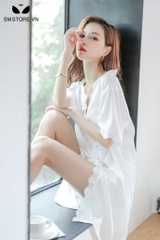 SMS021 - Xuyên thấu áo sơ mi trắng mặc ngủ vải mỏng dáng dài gợi cảm