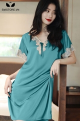 SMS070 - Đầm ngủ tiểu thư vải lụa cao cấp thiết kế viền ren cổ chữ v