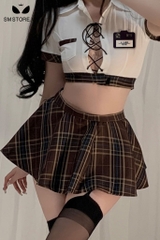 SMS121 - Cosplay học sinh áo sơ mi croptop buộc dây & chân váy sexy