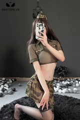 SMS155 - Cosplay quân đội áo croptop siêu mỏng mix chân váy rằn ri