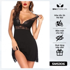 SMS306 - váy ngủ phối ren xuyên thấu với cổ xẻ sâu gợi cảm