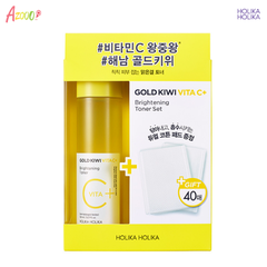 Nước hoa hồng làm trắng da kèm bông tẩy trang Holika Holika Gold Kiwi Vita C+ Brightening Toner Set 150ml_19291