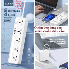 Ổ cắm điện đa năng LDNIO SC5415 5 cổng AC 3 cổng USB 1 cổng Type C PD20W 2500W dài 2m màu trắng