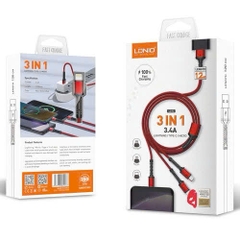 Cáp sạc điện thoại 3 đầu Ịphone /Type C / Micro B LDNIO LC93 cổng USB dài 1.2m màu xám