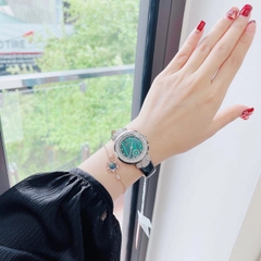 Davena 3 Kim |Nữ Giới |Đính Đá Silver |Dây Da Xanh Lá |Máy Pin (Máy Quartz) |Size 32mm