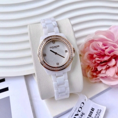 Coach Rose Gold |Nữ Giới |Mặt Xà Cừ Hoa |Dây Đá Ceramic Trắng |Máy Pin (Quartz) |Size 32mm