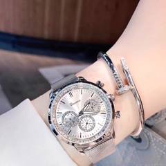 Davena 6 Kim |Nữ Giới |Mặt Tròn Trắng |Dây Mesh Lưới Trắng |Máy Pin (Quartz) |Size Lớn 38mm