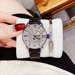 Davena Lộ Máy |Nữ Giới |Full Đá Silver |Dây Da Đen |Máy Tự Động (Automatic) |Size 38mm