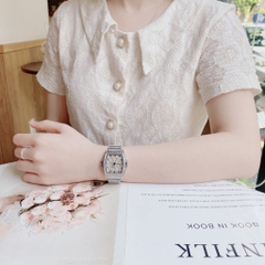 Davena Mặt Chữ Nhật |Nữ Giới |Full Đá Trắng Silver |Dây Kim Loại |Máy Pin |Size 34x38mm