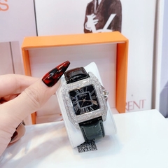 Davena Mặt Vuông Đen |Nữ Giới |Đính Đá |Dây Da Đen |Máy Pin (Máy Quartz) |Size Lớn 37mm