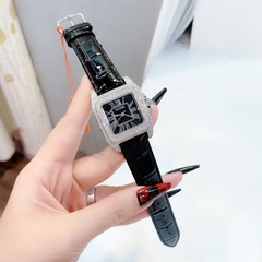 Davena Mặt Vuông Đen |Nữ Giới |Đính Đá |Dây Da Đen |Máy Pin (Máy Quartz) |Size Lớn 37mm