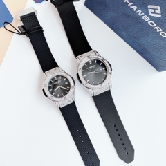 Hanboro Hublot |Cặp Đôi |Đính Đá |Trắng Silver |Dây Sillicone |Máy Pin (Quartz) |Size 34-42mm