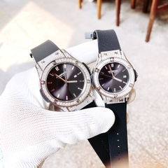 Hanboro Hublot |Cặp Đôi |Đính Đá |Trắng Silver |Dây Sillicone |Máy Pin (Quartz) |Size 34-42mm