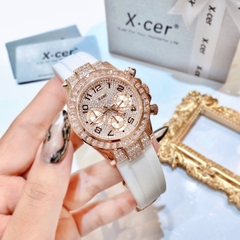 Xcer Tựa Rolex |Nữ Giới |Full Đá Rose Gold |Dây Silicone Trắng |Máy Pin (Quartz) |Size 38mm