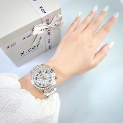 Xcer Tựa Rolex |Nữ Giới |Full Đá Silver |Dây Silicone Trắng |Máy Pin (Quartz) |Size 38mm