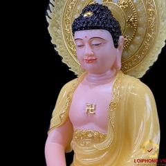Tượng Phật A Di Đà Ngồi Đế Hoa Sen Có Lá Đề Bằng Bột Đá Thạch Anh Viền Vàng cao 40 - 90cm