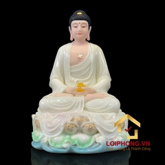 Tượng phật A Di Đà bằng bột đá ngồi đế non nước màu trắng cao  30 – 40 – 48 cm