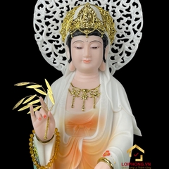 Tượng Phật Quan Âm đứng đài sen màu xanh viền vàng cao 48 - 65 - 90 cm
