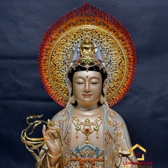 Tượng Phật Quan Âm  ngồi bằng đồng men cổ đế báo liên có lá đề cao 30-48 cm