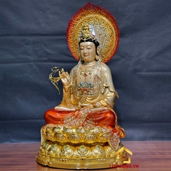 Tượng Phật Quan Âm  ngồi bằng đồng men cổ đế báo liên có lá đề cao 30-48 cm