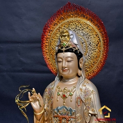 Tượng Phật Quan Âm  ngồi bằng đồng men cổ đế báo liên có lá đề cao 30-48 cm