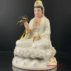 Tượng Phật Quan Âm  ngồi hoa sen đế to bột đá trắng cao 30 - 65 cm