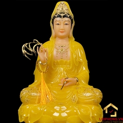 Tượng Phật Quan Âm Ngồi Đài Sen Bằng Bột Đá Thạch Anh Viền Vàng cao từ 30 - 48cm