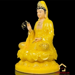 Tượng Phật Quan Âm Ngồi Đài Sen Bằng Bột Đá Thạch Anh Viền Vàng cao từ 30 - 48cm