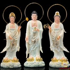 Tượng phật Tây Phương Tam Thánh đứng bột đá trắng viền hoa cao 48-90 cm
