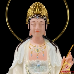 Tượng phật Tây Phương Tam Thánh đứng bột đá trắng viền hoa cao 48-90 cm