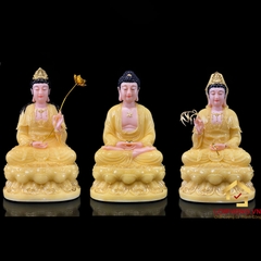 Tượng Phật Tây Phương Tam Thánh Ngồi Đài Sen Bằng Bột Đá Thạch Anh Viền Vàng cao từ 30 – 65cm