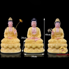 Tượng Phật Tây Phương Tam Thánh Ngồi Đài Sen Bằng Bột Đá Thạch Anh Viền Vàng cao từ 30 – 65cm