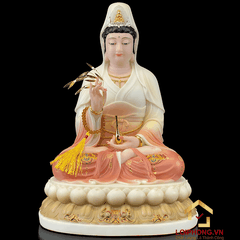 Tượng Phật Quan Âm bằng bột đá tọa đài sen vẽ hoa cao 30, 40 cm