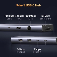 Hub USB Type C 9 in 1 to HDMI, 2 USB 3.0, 2 USB C, Lan RJ45, SD/TF, PD 100W Ugreen 15375