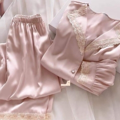 Bộ ngủ pyjamas lụa satin cao cấp hồng ren