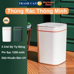 Thùng Rác Cảm Ứng Thông Minh Loại Sạc Pin Dung Tích 20L Có Đèn UV Khử Khuẩn, Tự Động Đóng Mở Nắp Với 2 Màu Trắng và Xanh