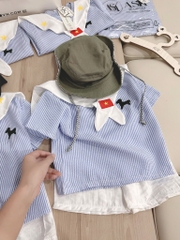 SET ĐŨI ÁO KẺ XANH QUẦN ĐÙI KÈM KHĂN BÉ TRAI