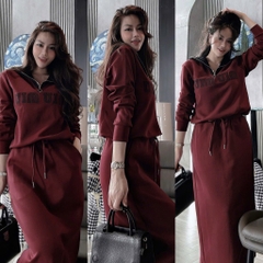SET HAI DA MIU MIU CỔ KHOÁ MIX CHÂN VÁY DÀI NỮ THU ĐÔNG SẴN