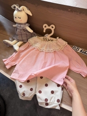 SET BỘ DÀI ÁO BABYDOLL PHỐI REN MIX QUẦN CHẤM BI BÉ GÁI (XẢ 50k)