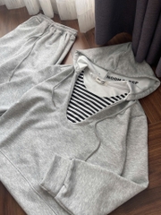 SET BỘ XÁM ÁO HOODY CỔ PHỐI KẺ NỮ THU ĐÔNG SẴN