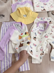 BỘ DÀI CHÓ CON NHỎ TONE TÍM BE QUẦN KẺ BÉ GÁI