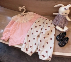 SET BỘ DÀI ÁO BABYDOLL PHỐI REN MIX QUẦN CHẤM BI BÉ GÁI (XẢ 50k)
