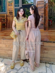 BỘ FENNN DI ÁO CỔ BẺ MIX QUẦN DÂY NÂU NỮ (SALE 129K)