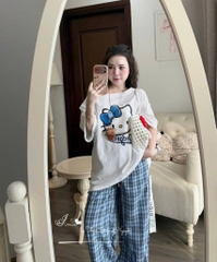 SET BỘ ÁO TRẮNG MÈO QUẦN KẺ XANH NỮ (SALE 105K)