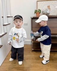 SET 2 ÁO DÀI PHỐI TAY KẺ MICKEY WHERE'S GOOFY TRẮNG THAN BÉ TRAI