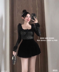 SET BỘ ÁO REN CỔ VUÔNG ĐÍNH NGỌC MIX CHÂN VÁY SẴN