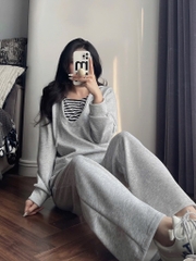 SET BỘ XÁM ÁO HOODY CỔ PHỐI KẺ NỮ THU ĐÔNG SẴN