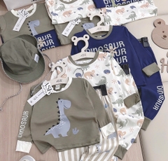 SET 3 BỘ DÀI TAY KHỦNG LONG TONE BE RÊU XANH THAN BÉ TRAI