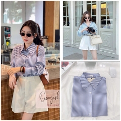 SET ÁO KẺ XANH MIX SHORT LI GẤU TO NỮ SẴN