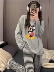 BỘ DÀI MICKEY XÁM QUẦN KẺ NỮ THU ĐÔNG SẴN